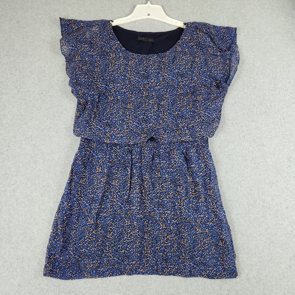 Forever 21 Dress Womens L Blue Leopard Print Cinch Waist Summer Flutter Sleeve